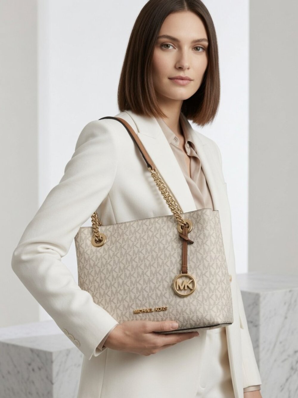 Michael Kors Jet Set Travel MK Monogram Chain Tote Shoulder Bag Vanilla Brown